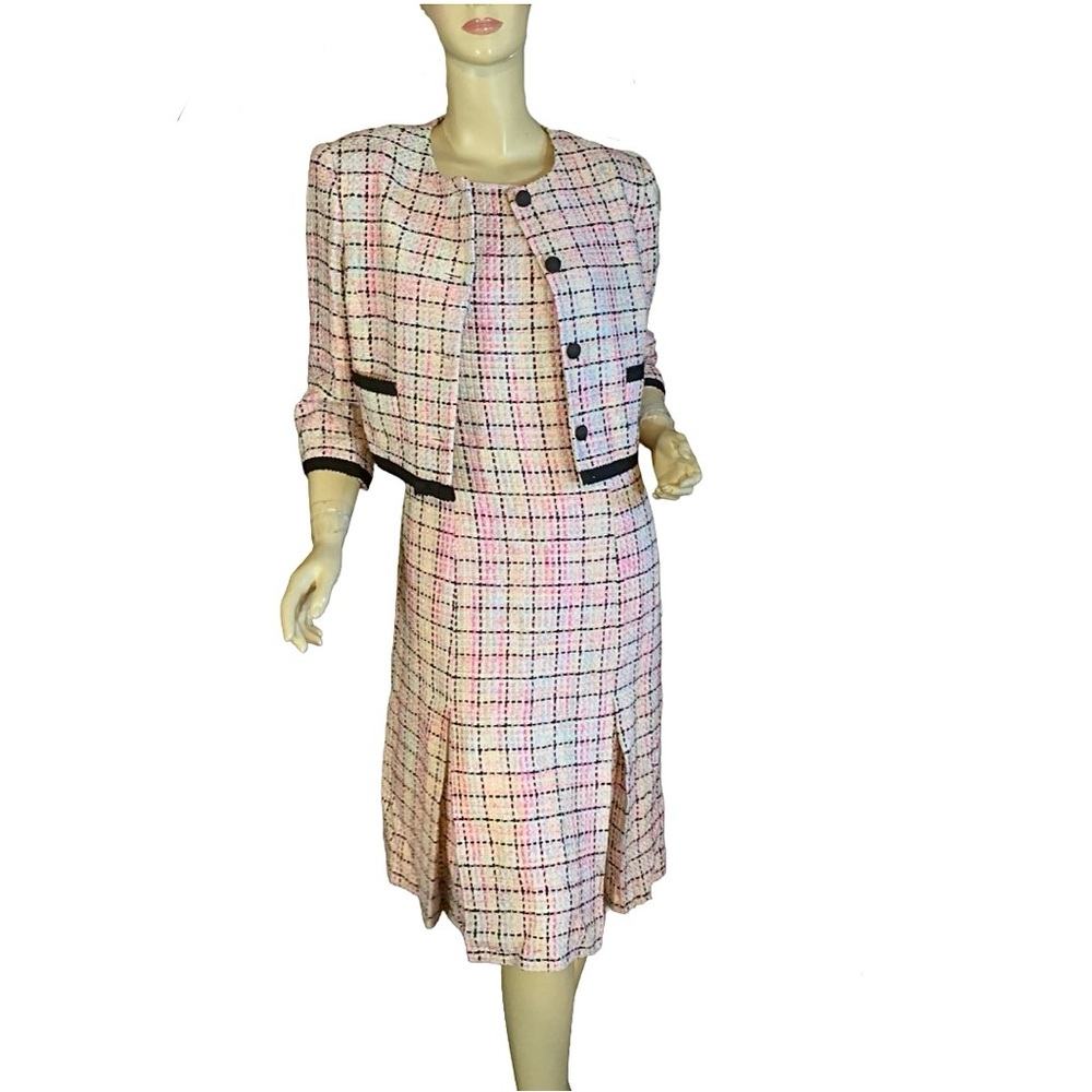 TALBOTS PINK & BLACK SILK BLEND PASTEL TWEED DRESS & BLAZER SUIT SET (8) - Picture 6 of 13